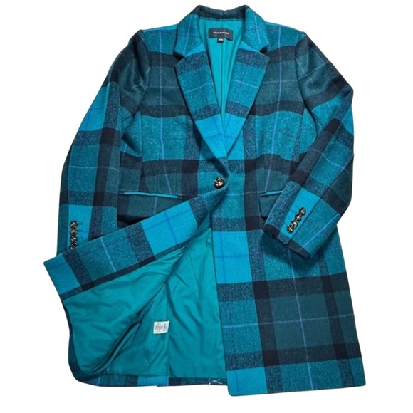 NWOT Ann Taylor Green Tartan Plaid Wool Blend Chesterfield Coat L NEW Long - Picture 2 of 12